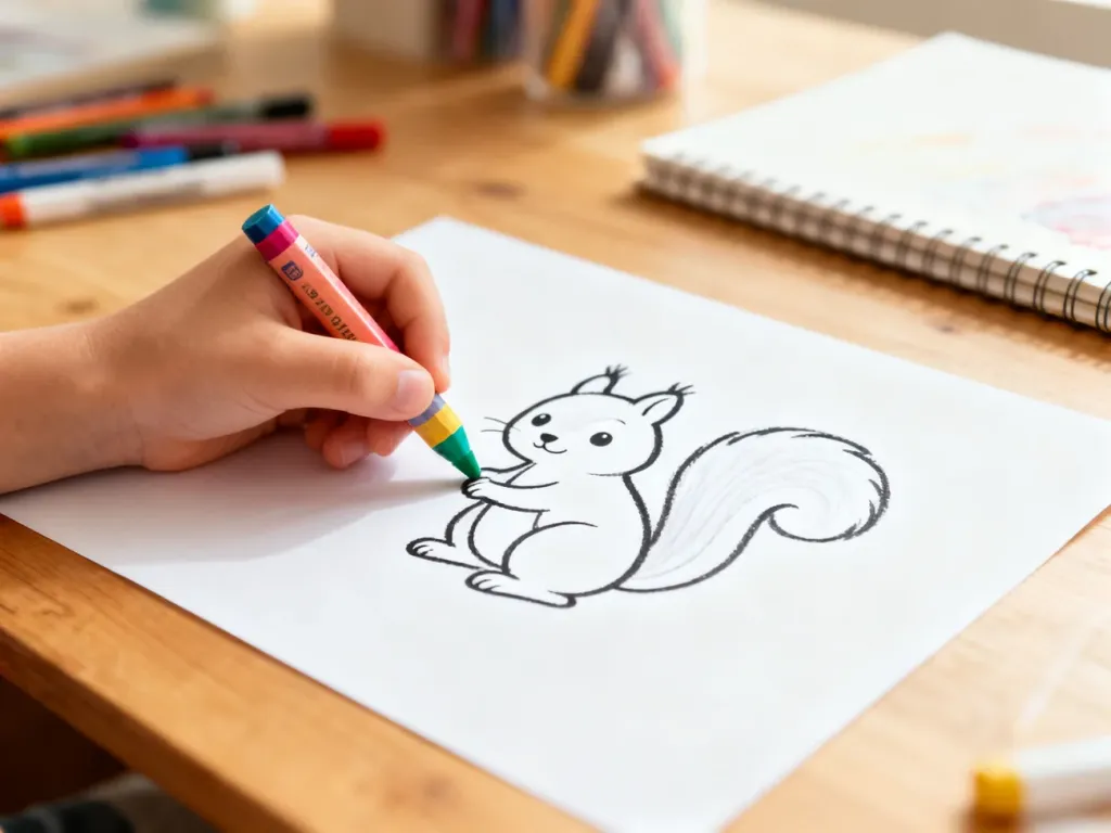 Dziecięca dłoń rysuje kredką prosty kontur wiewiórki na białej kartce papieru.