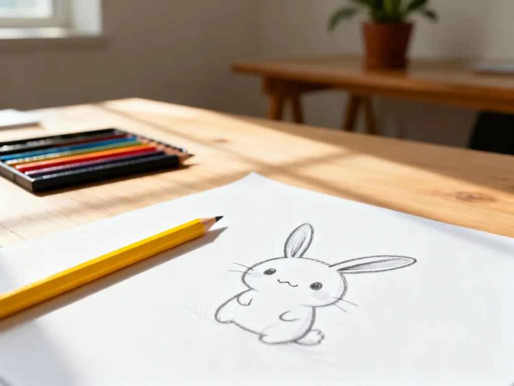 Przytulne biurko z kartką papieru, na której widnieje prosty szkic Pikachu, zachęcający dzieci do rysowania.