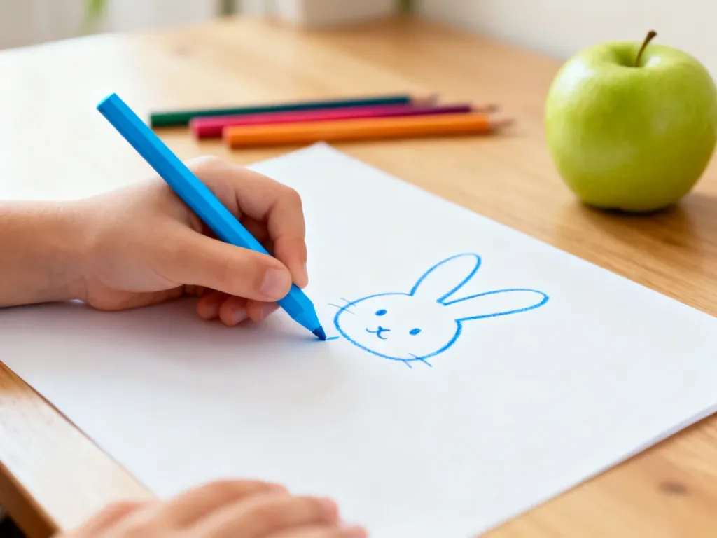Dziecięca dłoń rysująca niebieską kredką prosty kontur królika na białej kartce papieru.