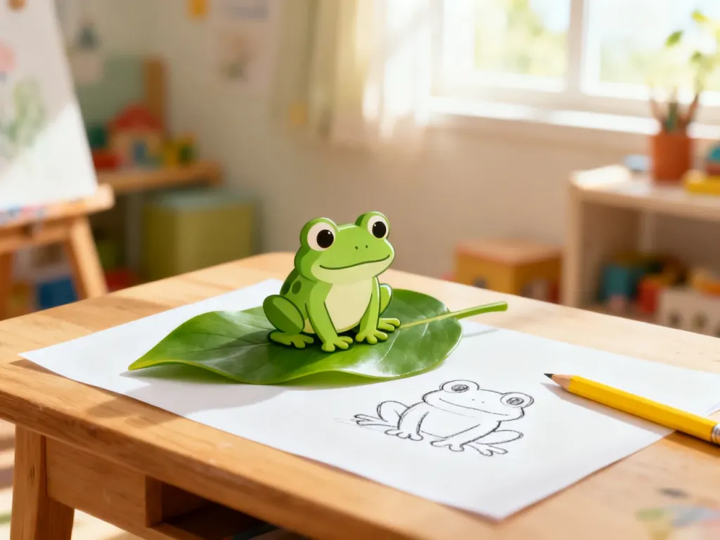 Urocza zielona żaba na liściu obok kartki papieru i ołówka, ilustrująca proces rysowania żaby dla dzieci.